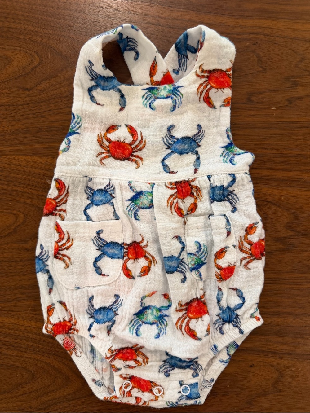 Crab Print Baby Romper in White, Red & Blue Saltwater Swaddles Size 3-6 months